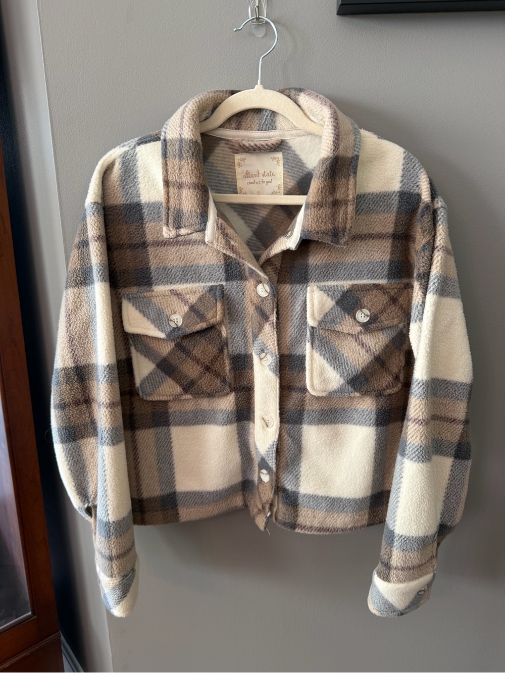 Altar'd State Cropped Cream, Brown & Gray Plaid Shacket. Small